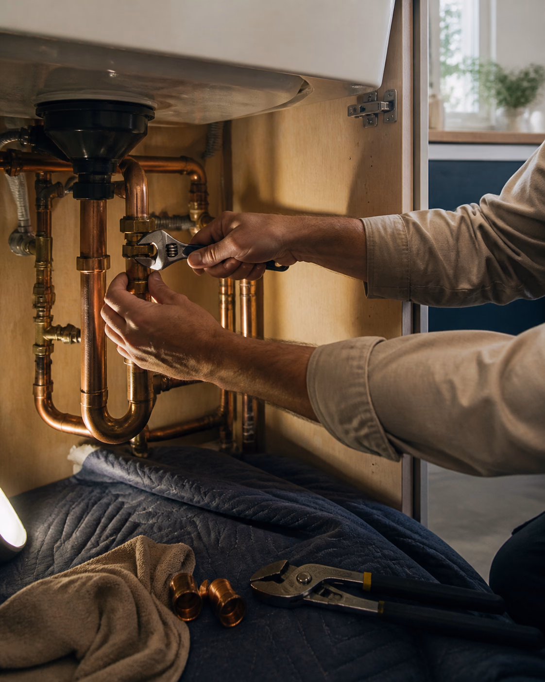 Careful copper pipe repair beneath a kitchen sink