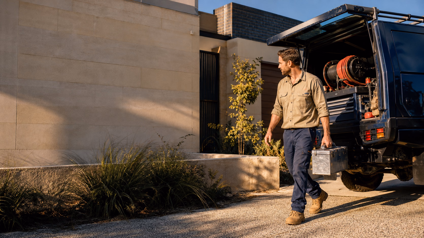 Plumber arriving at a Perth home with a service vehicle and toolbox